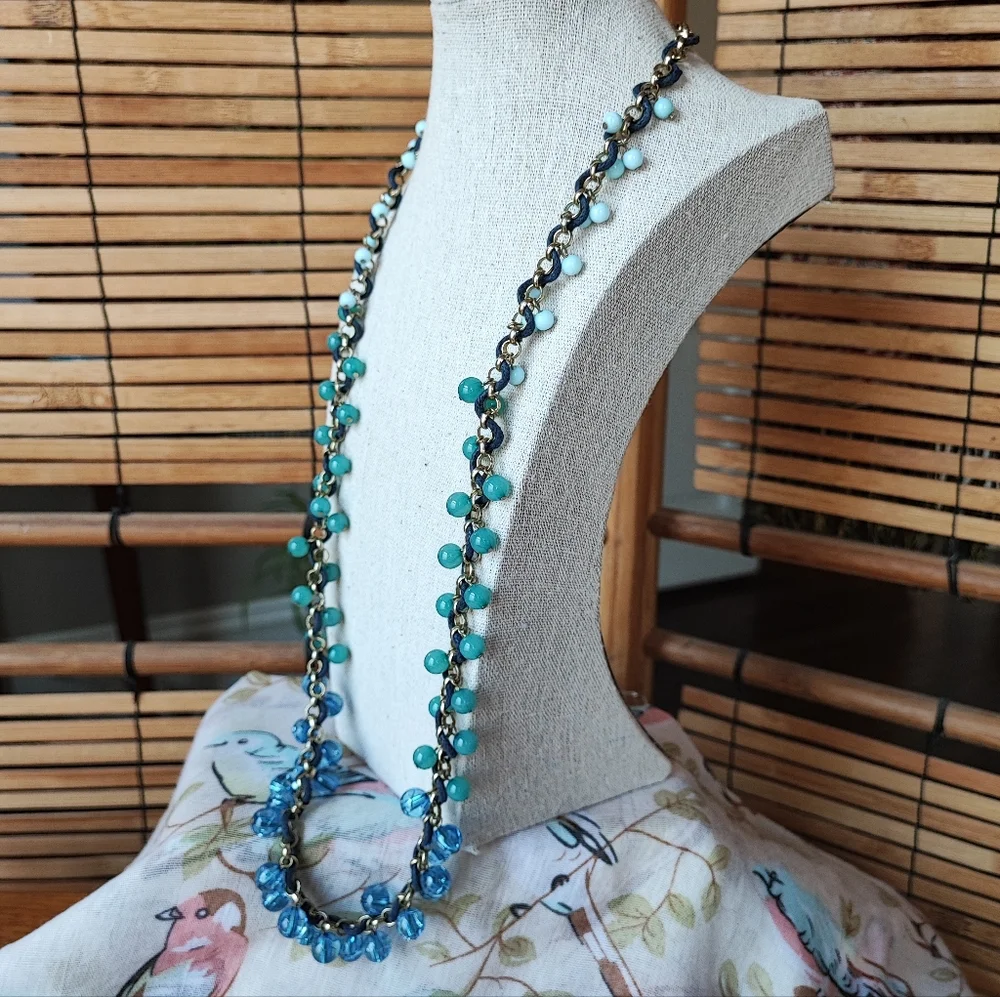 Coldwater Creek Light Weight Extra Long Blue and Jade Green Necklace Gold Tone